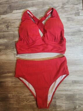 Ribbed Red High Waist Two-Piece Bikini Set